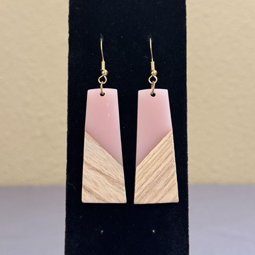 Pink Faux Wood Rectangle Dangle Drop Earrings 3 In Women Boho Minimalist Jewelry